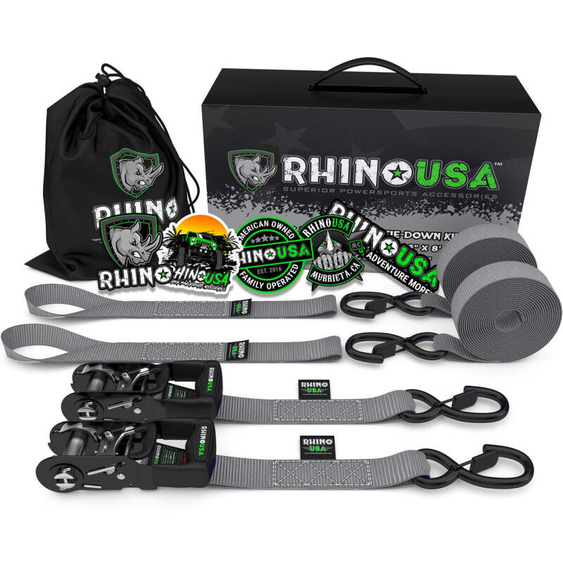 Rhino USA Heavy Duty Ratchet Tie-Downs 2-Pack (Gray) 1.6In X 8Ft Cargo Tie-Downs Rhino USA