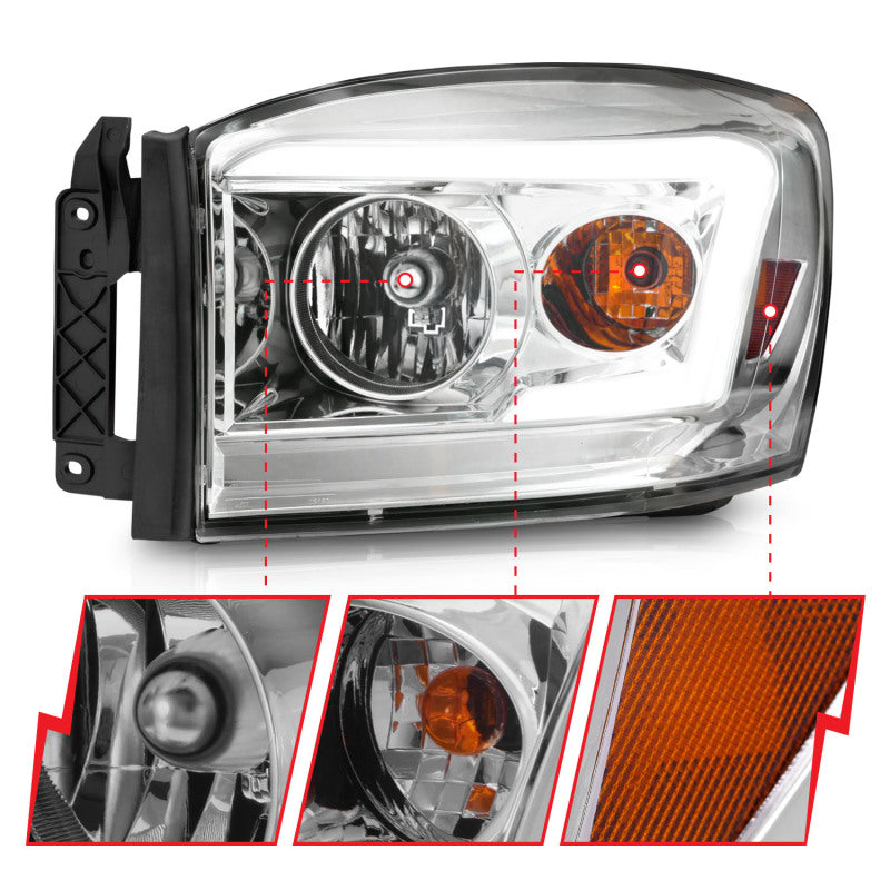 ANZO 06-09 Dodge RAM 1500/2500/3500 Headlights Chrome Housing/Clear Lens (w/ Light Bars) Headlights ANZO
