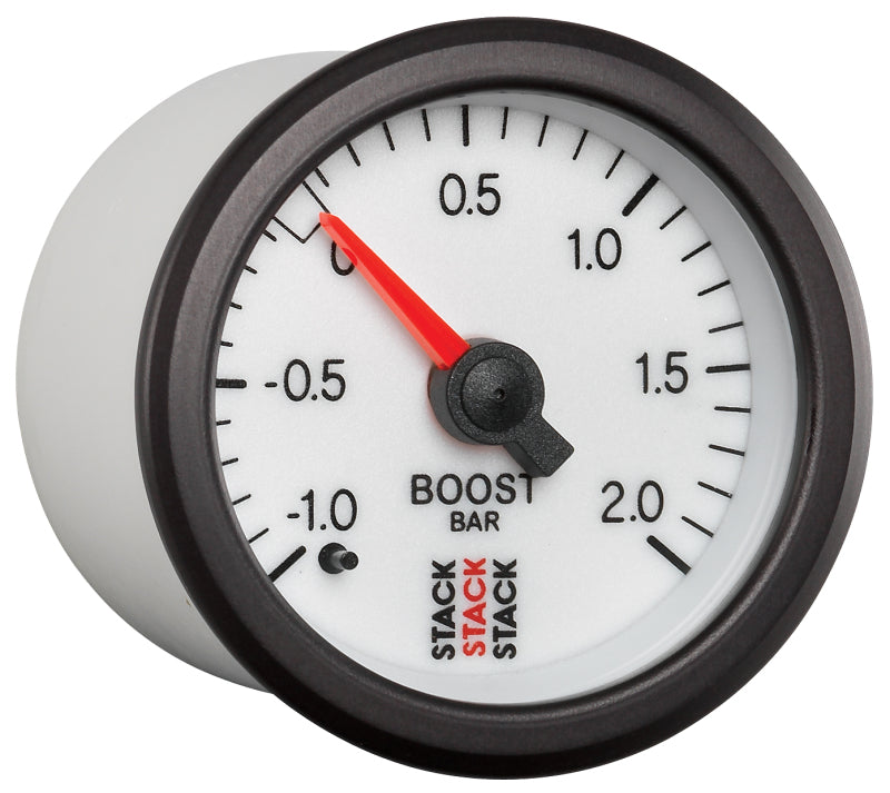 Autometer Stack 52mm -1 to +2 Bar T-Fitting 0.187in Barb (M) Mechanical Boost Pressure Gauge - White Gauges AutoMeter