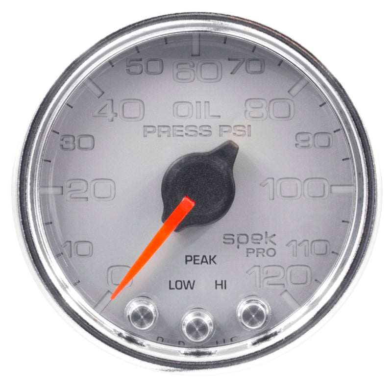 Autometer Spek-Pro Gauge Oil Press 2 1/16in 120psi Stepper Motor W/Peak & Warn Slvr/Chrm Gauges AutoMeter
