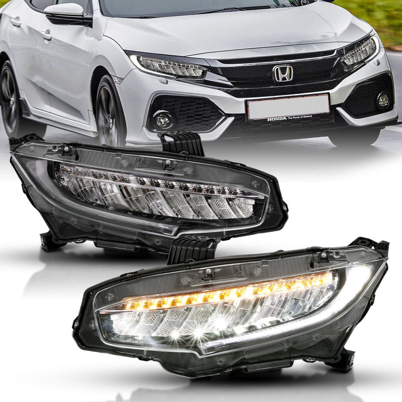 ANZO 16-17 Honda Civic Projector Headlights Plank Style Black w/Amber/Sequential Turn Signal Headlights ANZO