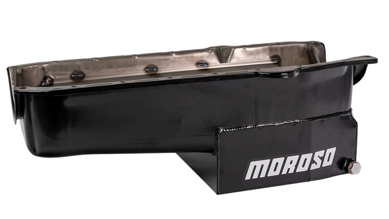 Moroso 86-Up Chevrolet Small Block (w/1 Pc Rear Main Seal) Wet Sump 7qt 7.5in Steel Oil Pan - Black Oil Pans Moroso