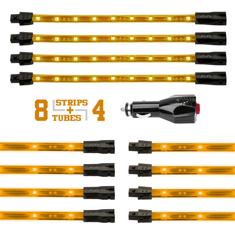 XK Glow Strip Single Color Underglow LED Accent Light Car/Truck Kit Amber - 8x24In Tube + 4x8In Light Accessories and Wiring XKGLOW