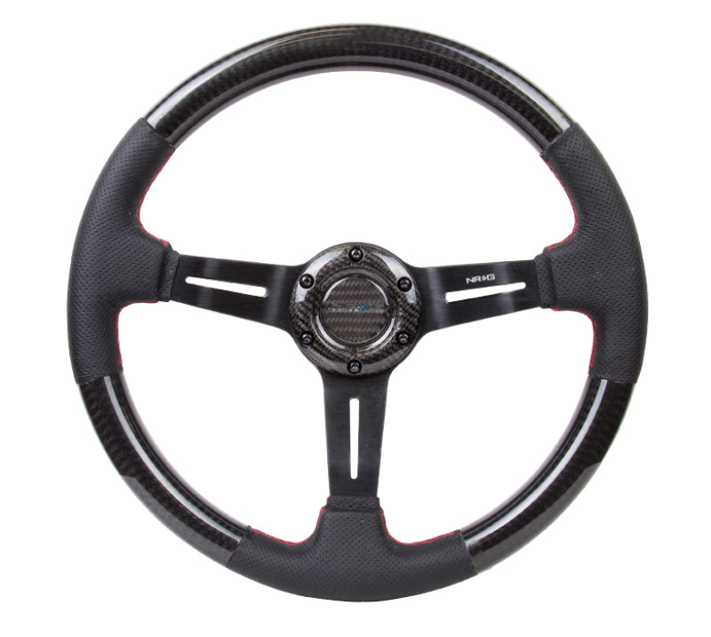 NRG Carbon Fiber Steering Wheel (350mm /1.5in. Deep) Leather Trim w/Red Stitch & Slit Cutout Spokes Steering Wheels NRG