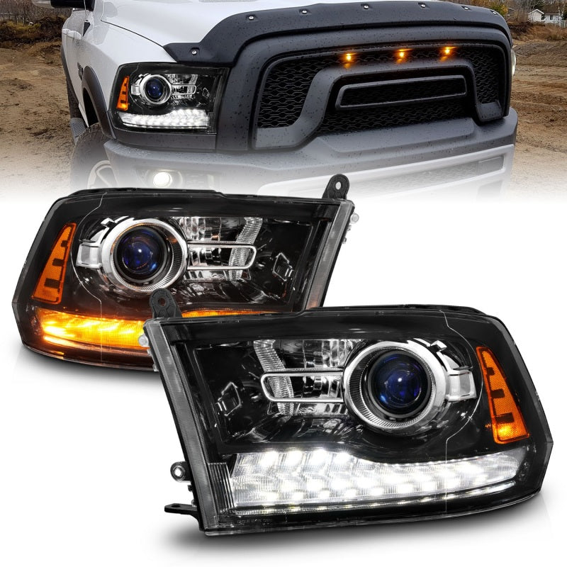 ANZO 09-18 Dodge 1500-3500 LED Plank Style Headlights w/Switchback+Sequential Hyper Black (OE Style) Headlights ANZO