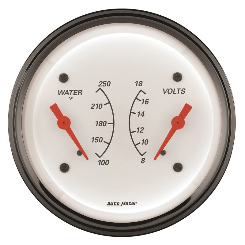 AutoMeter Gauge Dual Wtmp & Volt 3-3/8in. 250 Deg. F & 18V Elec Arctic White Gauges AutoMeter