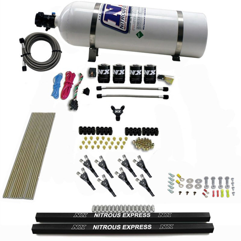 Nitrous Express Pro-Shk/Gas 4 Solenoids Nitrous Kit (200-600HP) w/Rails and 15lb Bottle Nitrous Systems Nitrous Express