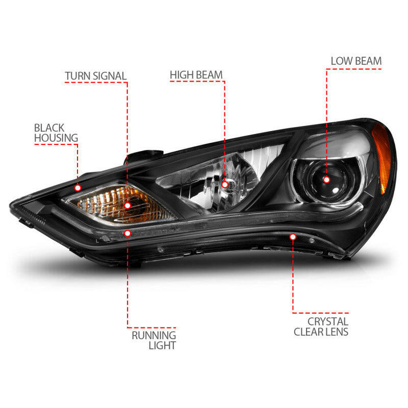 ANZO 2013-2015 Hyundai Genesis Projector Headlights w/ Plank Style Design Black (HID Compatible) Headlights ANZO