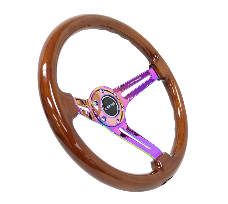 NRG Reinforced Steering Wheel (350mm / 3in. Deep) Brown Wood w/Blk Matte Spoke/Neochrome Center Mark Steering Wheels NRG
