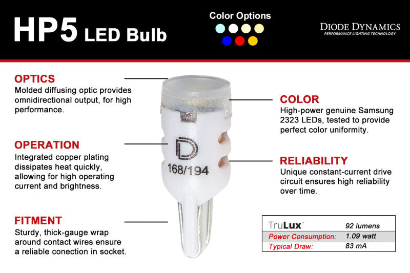 Diode Dynamics 194 LED Bulb HP5 LED - Red (Single) Bulbs Diode Dynamics