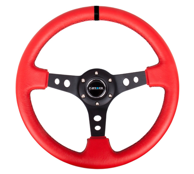 NRG Reinforced Steering Wheel (350mm / 3in. Deep) Red Suede w/Blk Circle Cutout Spokes Steering Wheels NRG