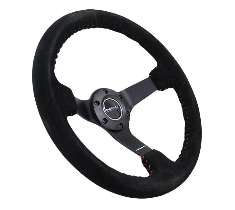 NRG Reinforced Steering Wheel (350mm / 3in. Deep) Blk Suede/Red BBall Stitch w/5mm Matte Blk Spokes Steering Wheels NRG