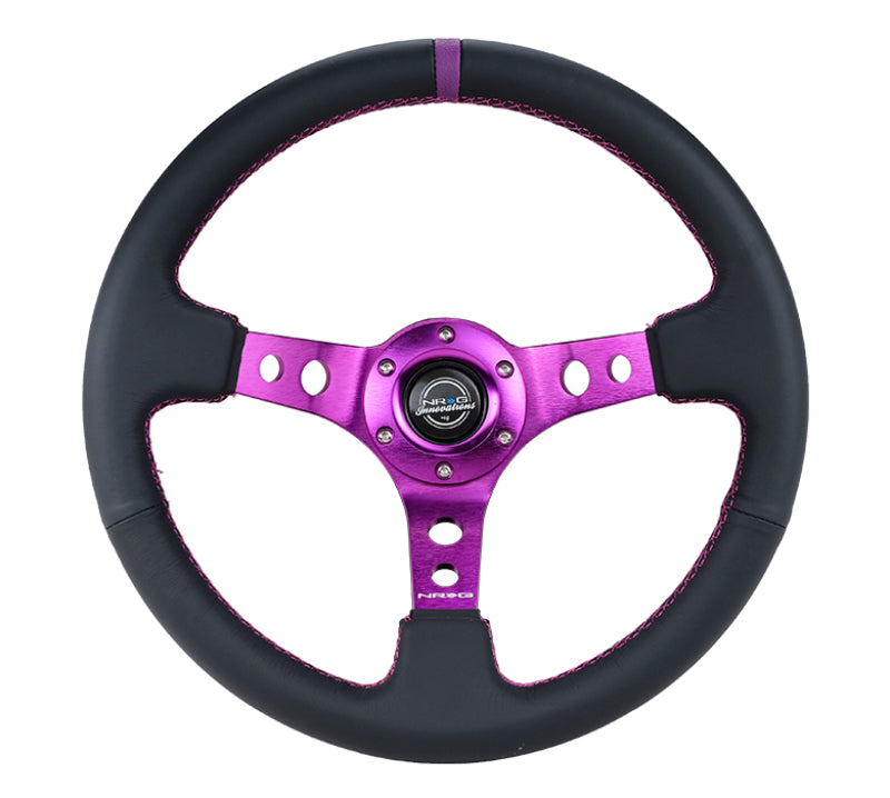 NRG Reinforced Steering Wheel (350mm / 3in. Deep) Black Leather w/Purple Center & Purple Stitching Steering Wheels NRG