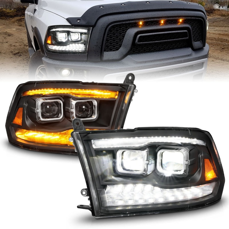 ANZO 09-18 Dodge Ram 1500/2500/3500 Full LED Proj Headlights w/Switchback Light Bar - Black Headlights ANZO
