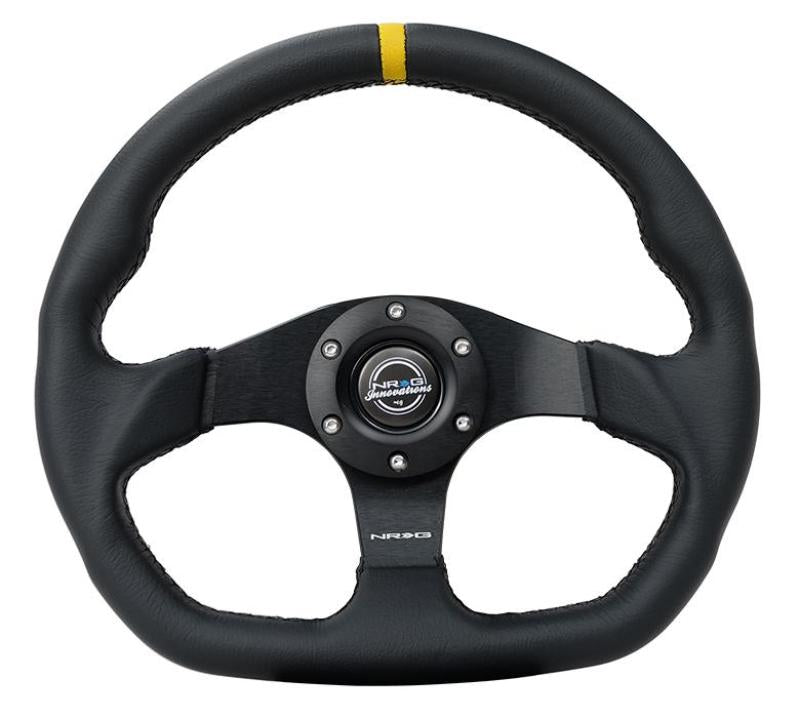 NRG Reinforced Steering Wheel (320mm) Sport Leather Flat Bottom w/ Yellow Center Mark Steering Wheels NRG