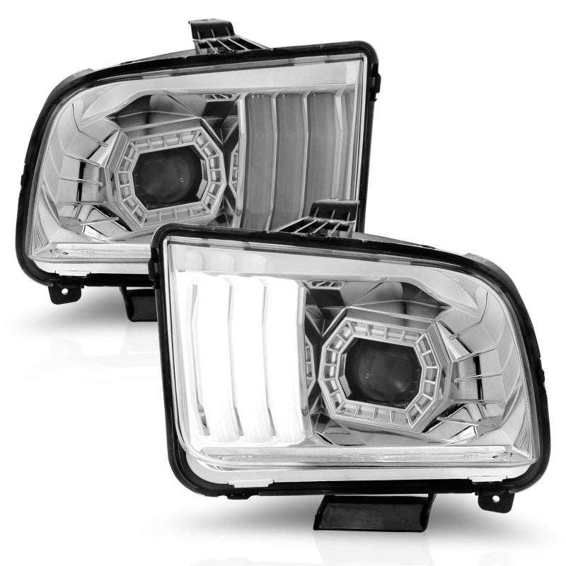 ANZO 05-09 Ford Mustang (w/Factory Halogen HL Only) Projector Headlights w/Light Bar Chrome Housing Headlights ANZO