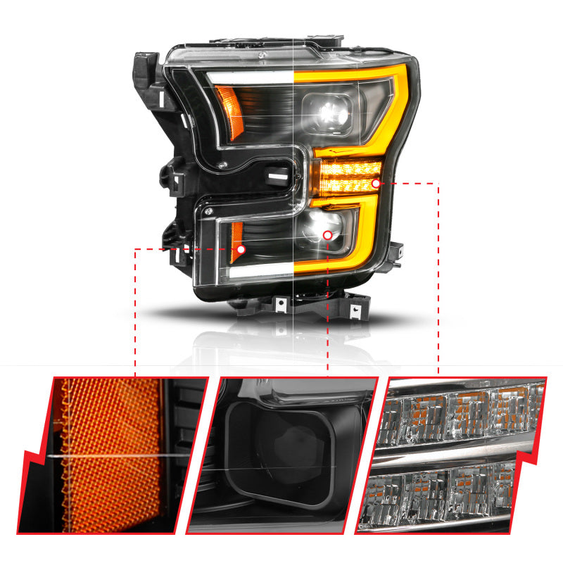 ANZO 15-17 Ford F-150 (Factory Halogen Model ONLY) Full LED Proj Headlights Init/SeqSig Black- Pair Headlights ANZO