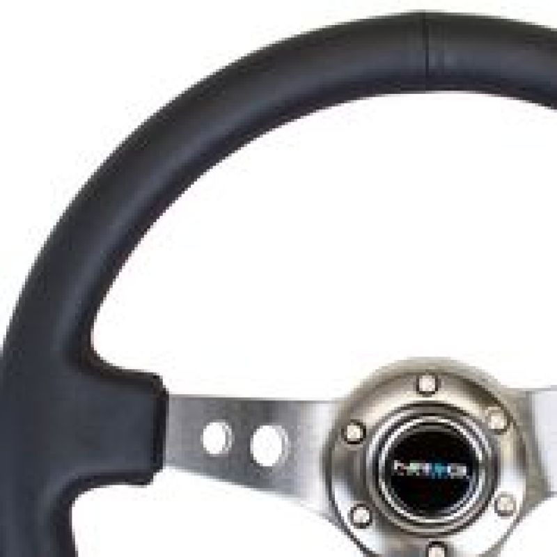 NRG Reinforced Steering Wheel (350mm / 3in. Deep) Blk Leather w/Gunmetal Circle Cutout Spokes Steering Wheels NRG