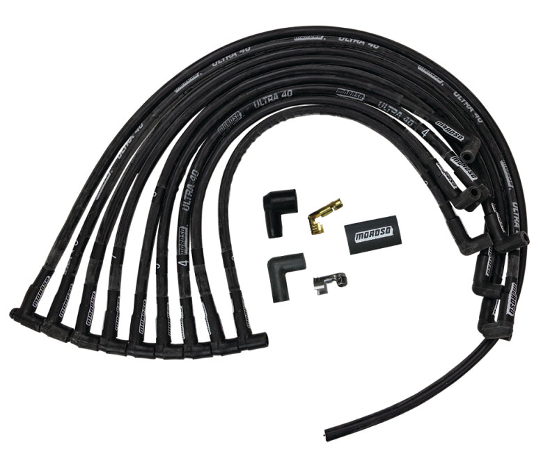 Moroso Chevrolet Small Block (w/Jesel) Ignition Wire Set - Ultra 40 - Sleeved - 90 Degree - Black Spark Plug Wire Sets Moroso