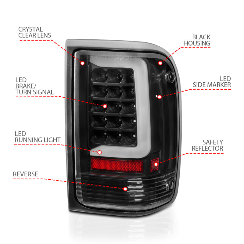 ANZO 1993-1997 Ford Ranger LED Tail Lights w/ Light Bar Black Housing Clear Lens Tail Lights ANZO