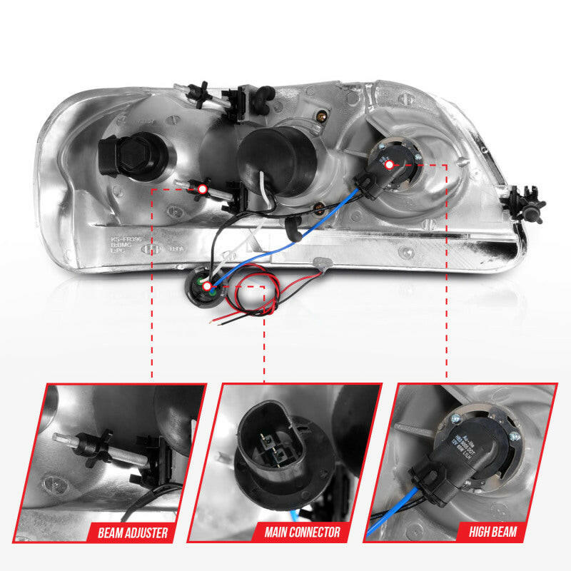 ANZO 1997-2003 Ford F-150 Projector Headlights w/ Light Bar Black Housing Headlights ANZO
