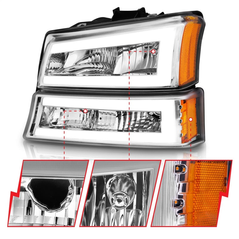 ANZO 2003-2006 Chevrolet Silverado 1500 Crystal Headlights w/ Light Bar Chrome Housing Headlights ANZO