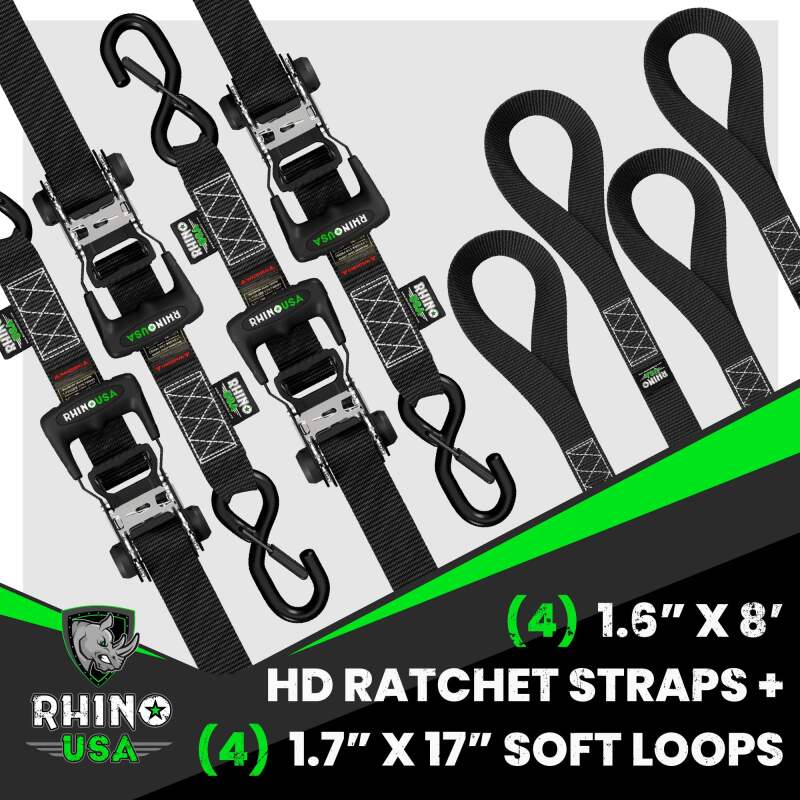 Rhino USA Heavy Duty Ratchet Tie-Down 4-Pack (Black) 1.6In X 8Ft Cargo Tie-Downs Rhino USA