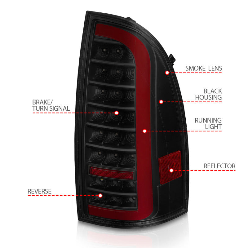 ANZO 05-15 Toyota Tacoma Full LED Tail Lights w/Light Bar Sequential Black Housing Smoke Lens Tail Lights ANZO