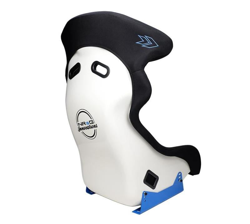 NRG FRP Bucket Seat - White Finish with Arrow Embroidery And Blue Side Mount Bracket Race Seats NRG