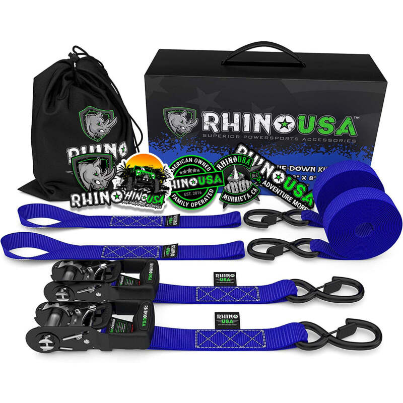 Rhino USA Heavy Duty Ratchet Tie-Downs 2-Pack (Blue) 1.6In X 8Ft Cargo Tie-Downs Rhino USA