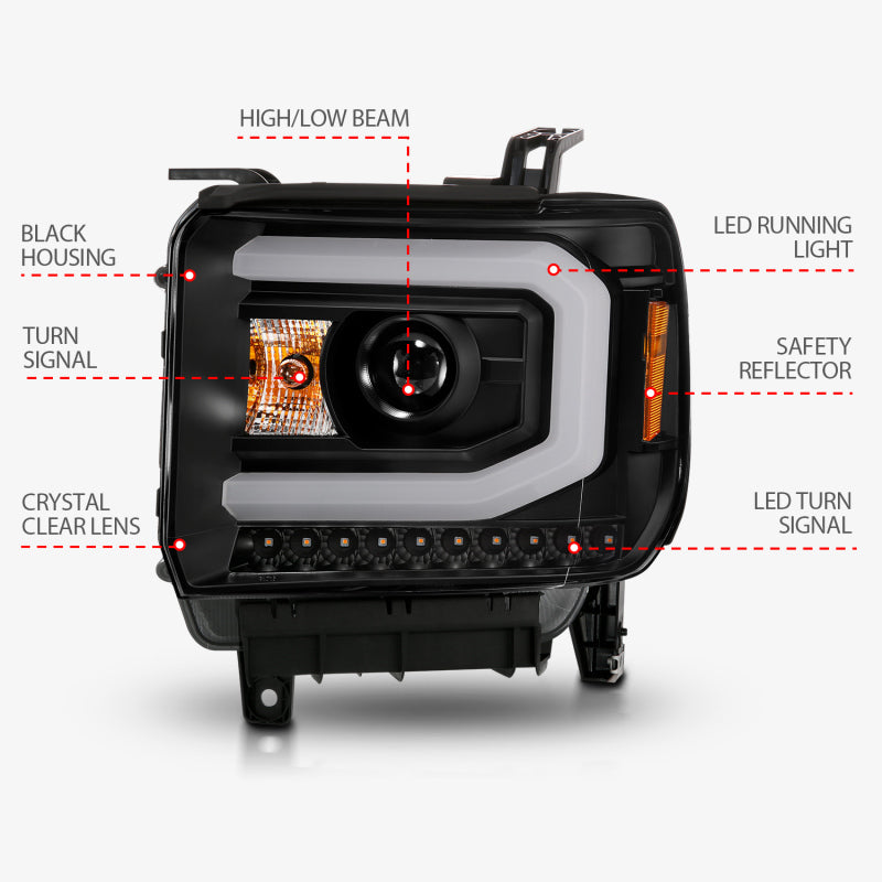 ANZO 2014-2015 GMC Sierra 1500 Projector Headlights w/ Light Bar Black Housing (Halogen Type) Headlights ANZO