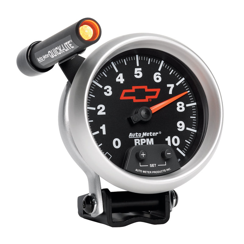 Autometer GM Red Bowtie Black 3-3/4in 0-10000 RPM Pedestal Mount Tachometer Quick-Lite Gauges AutoMeter
