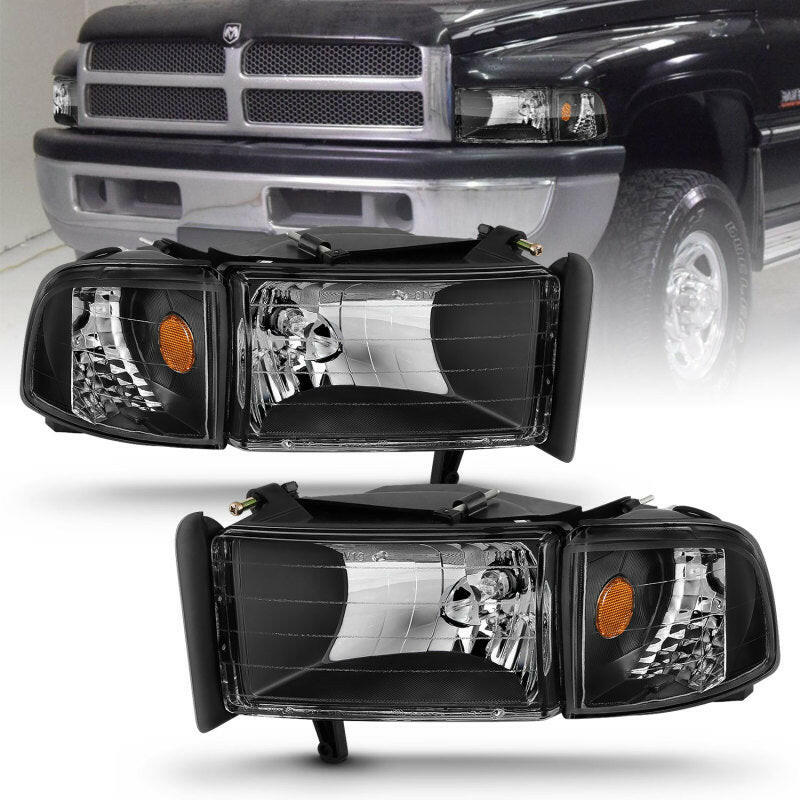 ANZO 1994-2001 Dodge Ram Crystal Headlights Black Headlights ANZO