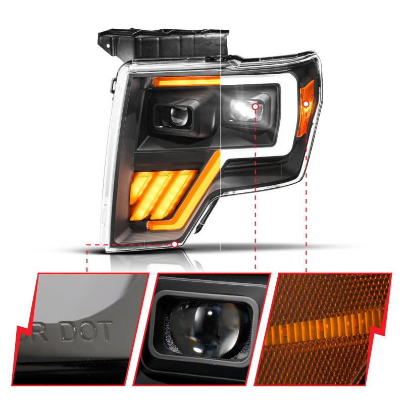 ANZO 09-14 Ford F-150 (Factory Halogen Model ONLY) Full LED Proj Headlights Init/SeqSig Black - Pair Headlights ANZO