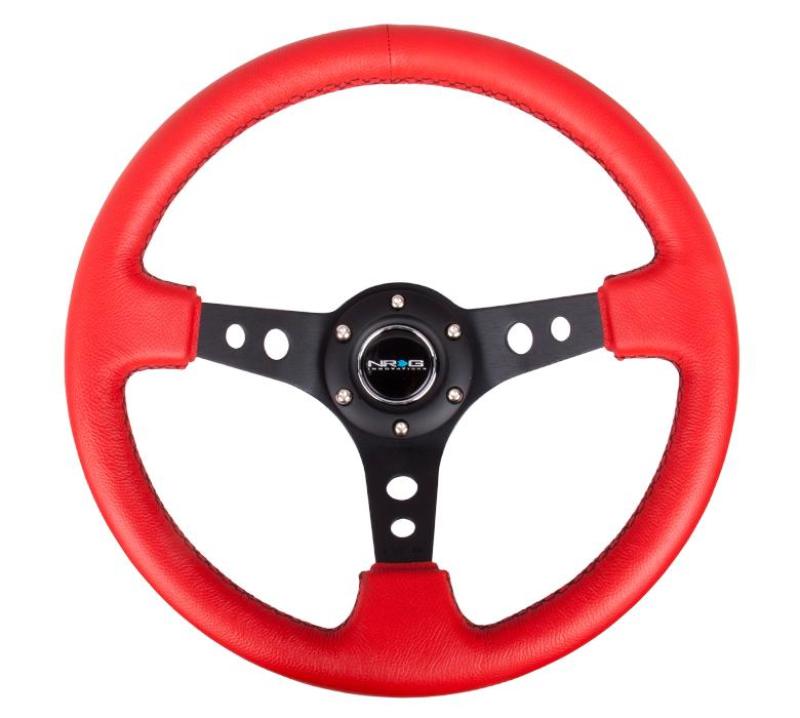 NRG Reinforced Steering Wheel (350mm / 3in. Deep) Red Leather/Blk Stitch w/Blk Spokes (Hole Cutouts) Steering Wheels NRG