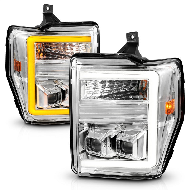 ANZO 08-10 Ford F-250 - F-550 Super Duty Projector Headlights w/ Light Bar Switchback Chrome Housing Headlights ANZO