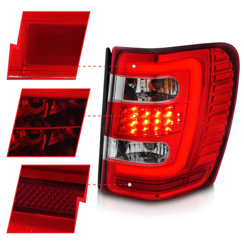 ANZO 1999-2004 Jeep Grand Cherokee LED Tail Lights w/ Light Bar Chrome Housing Red/Clear Lens Tail Lights ANZO
