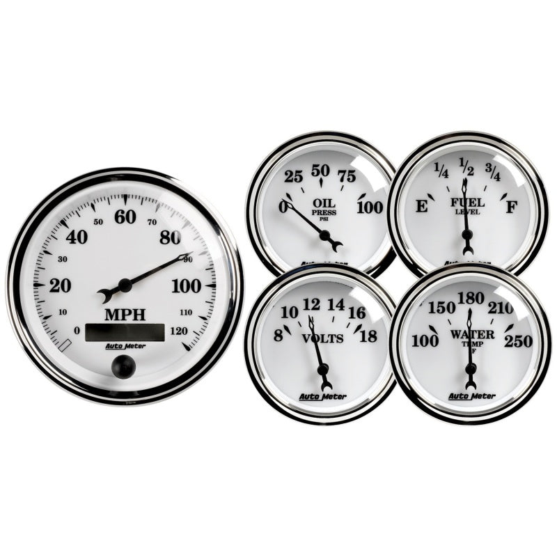 Autometer Old Tyme White II 5 Piece Kit (Elec Speed/Oil Press/Water Temp/Volt/Fuel Level) Gauges AutoMeter