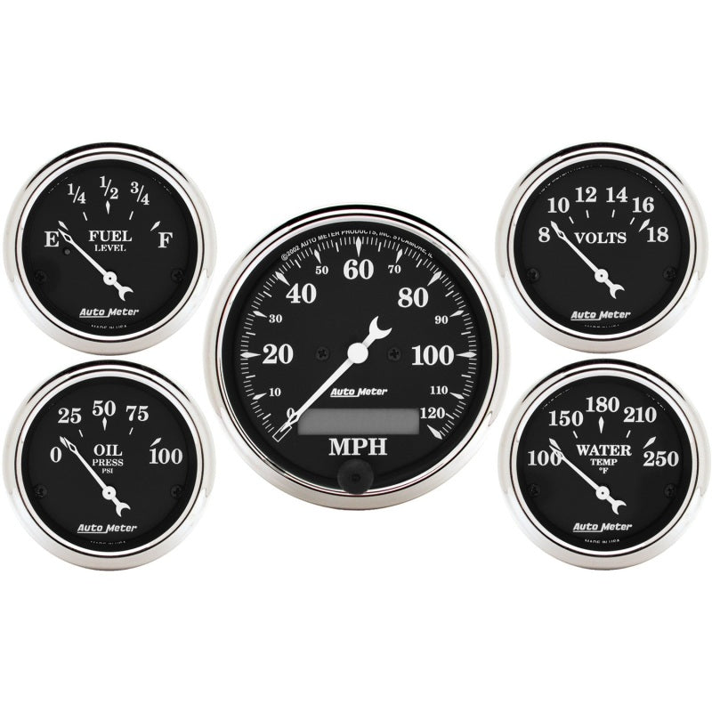 AutoMeter Gauge Kit 5 Pc. 3-1/8in. & 2-1/16in. Elec. Speedometer Old Tyme Black Gauges AutoMeter