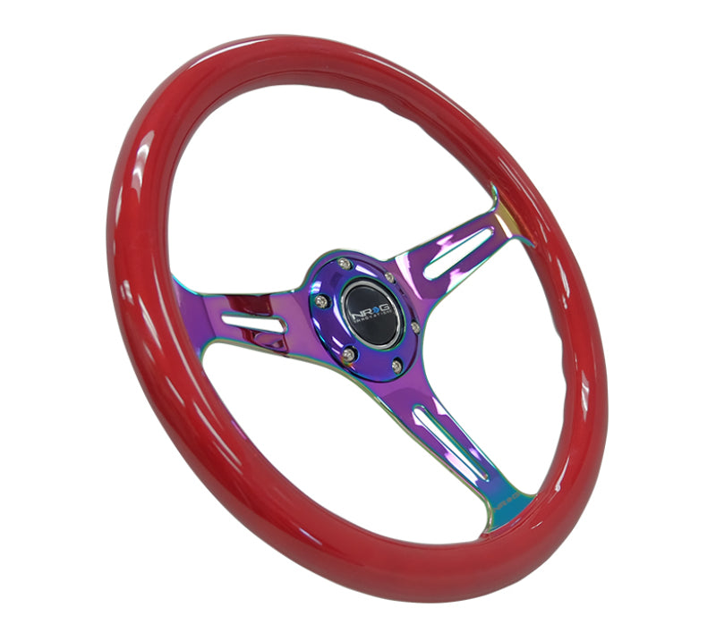 NRG Classic Wood Grain Steering Wheel (350mm) Red Grip w/Neochrome 3-Spoke Center Steering Wheels NRG