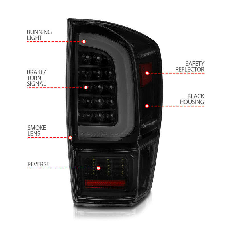 ANZO 16-21 Toyota Tacoma LED Tail Lights - w/ Light Bar Sequential Black Housing & Smoke Lens Tail Lights ANZO