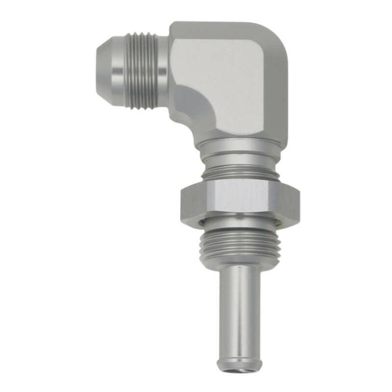 DeatschWerks 8AN Male Flare to 90-Degree 3/8in Single Hose Barb - Anodized DW Titanium Fittings DeatschWerks