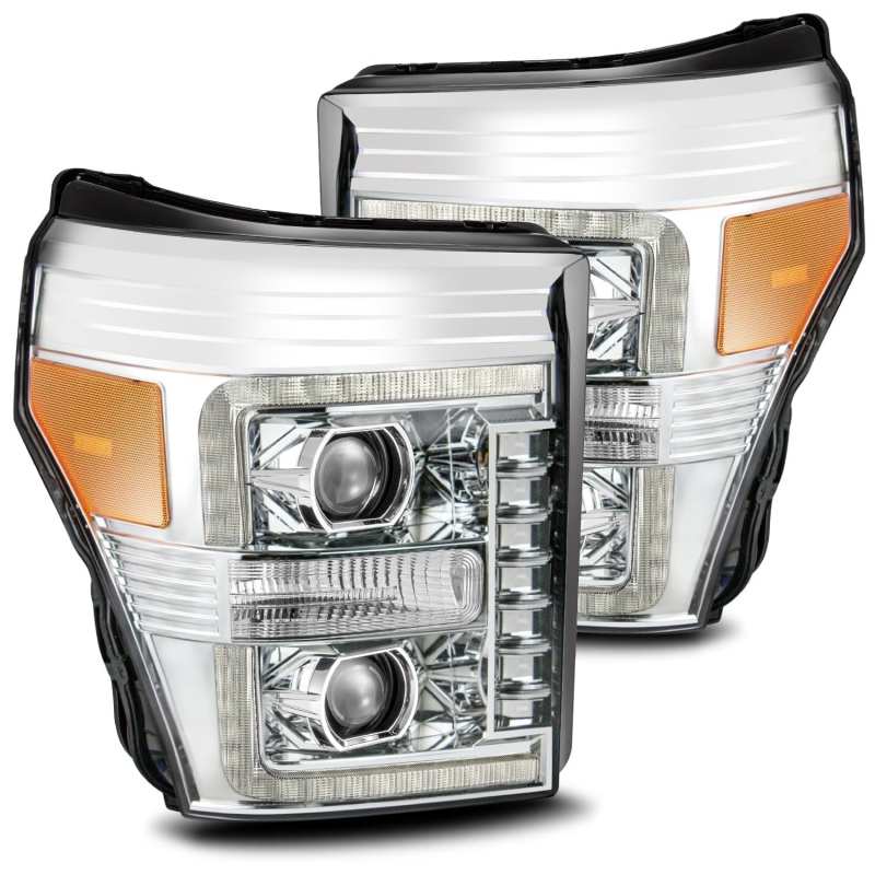 AlphaRex 11-16 Ford F-350 SD LUXX LED Proj Headlights Plank Style Chrm w/Activ Light/Seq Signal/DRL Headlights AlphaRex