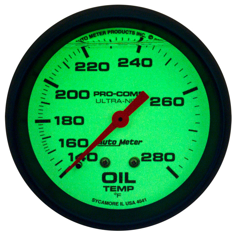AutoMeter Gauge Oil Temp 2-5/8in. 140-280 Deg. F Liquid Filled Mech Glow In Dark Ultra-Nite Gauges AutoMeter