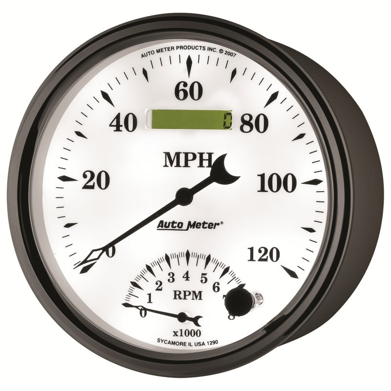 AutoMeter Gauge Tach/Speedo 5in. 120MPH & 8K RPM Elec. Program Old Tyme White II Gauges AutoMeter
