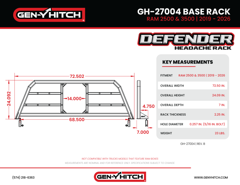 Gen-Y 19+ Dodge Ram 2500/3500 Defender Headache Rack Only - Black Exterior Trim GEN-Y Hitch
