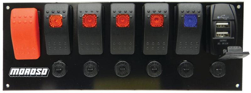 Moroso Rocker Switch Panel - Flat Surface Mount - LED w/USB - 3.388in x 9.15in -Five On/Off Switches Switch Panels Moroso