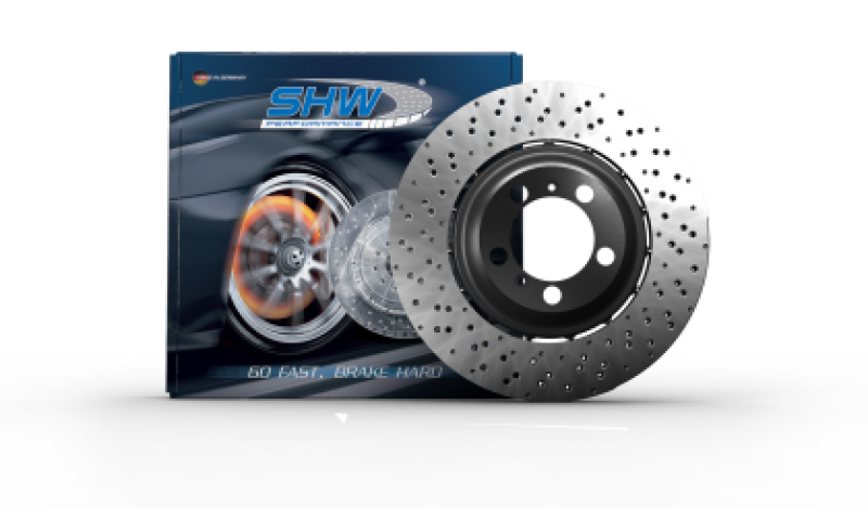 SHW 22-25 Porsche 718 Cayman GT4 RS Left Front Cross-Drilled Lightweight Brake Rotor (9GT615301M) Brake Rotors - Drilled SHW Performance