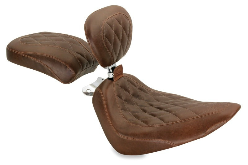 Mustang 00-15 Harley Softail Rear Tire Wide Tripper Solo Seat w/Driver Backrest - Distressed Brown Solo Motorcycle Seats Mustang Motorcycle