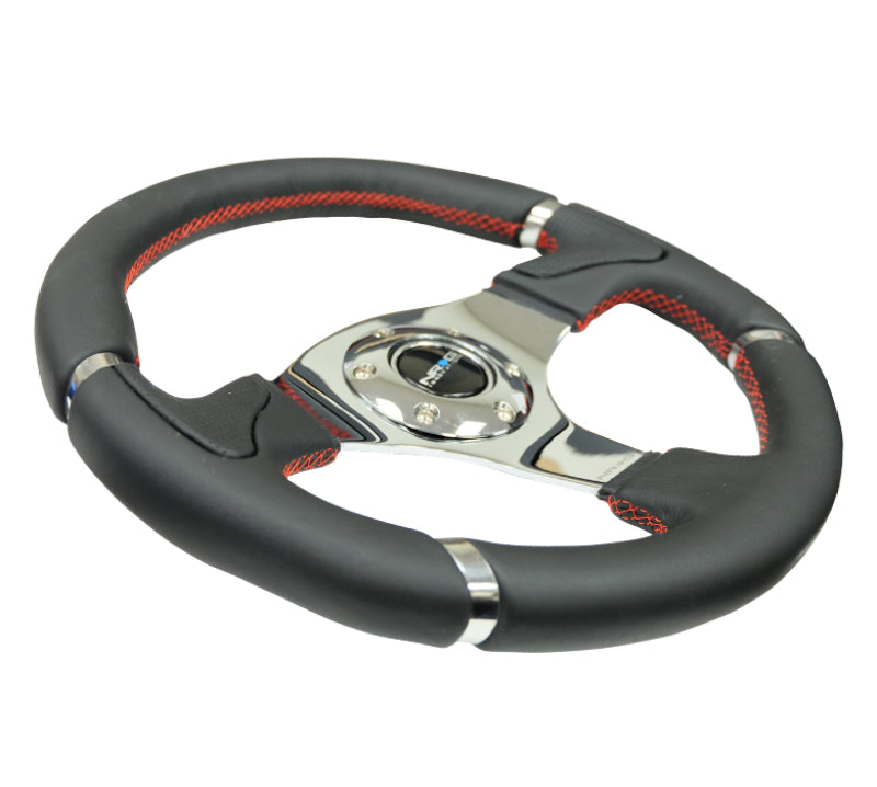 NRG Reinforced Steering Wheel (320mm) Blk Leather/Red Stitching w/Chrome 3-Spoke Center Steering Wheels NRG